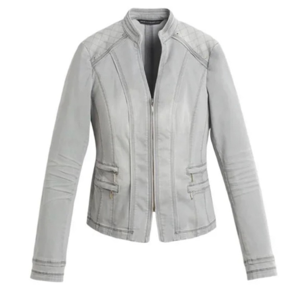 White House Black Market Denim Moto Grey Jacket 6